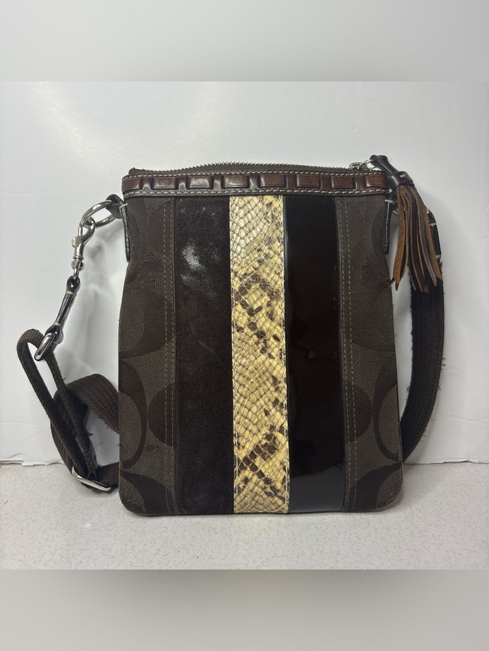 Y2K Vintage Coach Hampton Brown Snake-Embossed Suede Crossbody Bag
